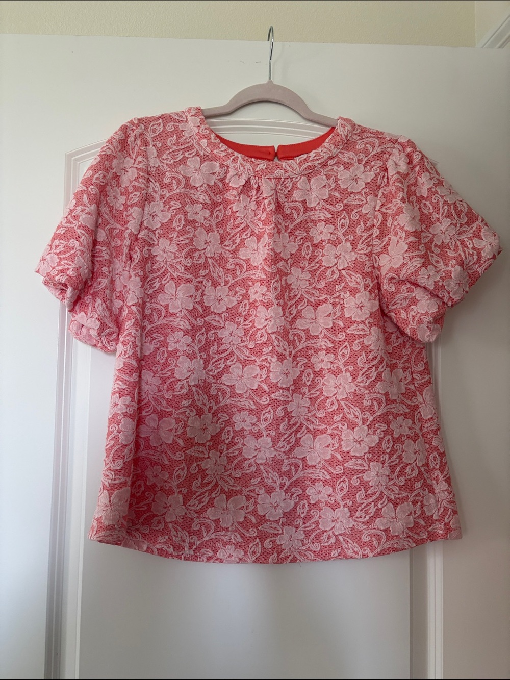 Pink Floral Lace-Overlay Short Sleeve Blouse